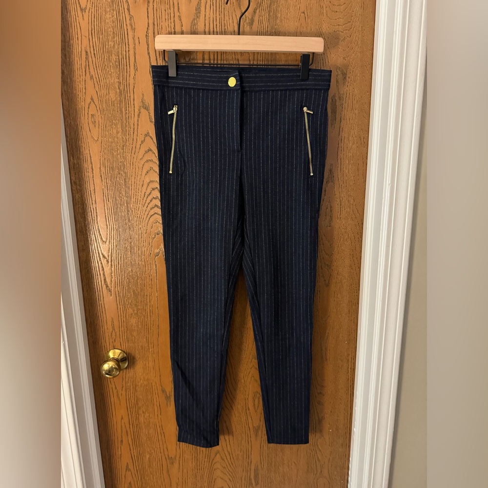 Ann Taylor Navy Pinstripe Pants with Gold Button Detail NWT
